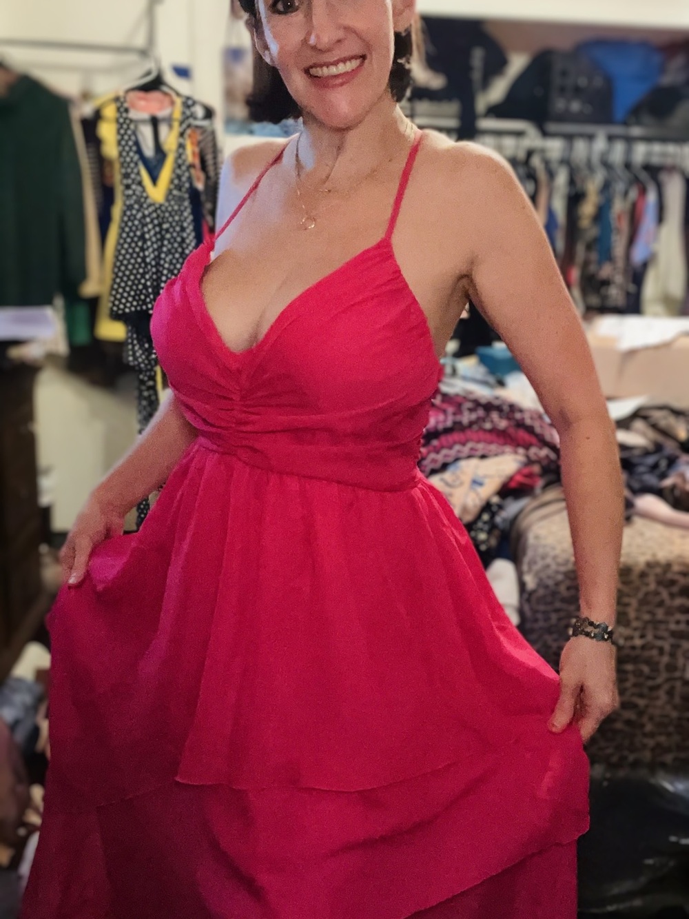 VENUS Hot Pink High-Low Spaghetti Strap Tiered Dress